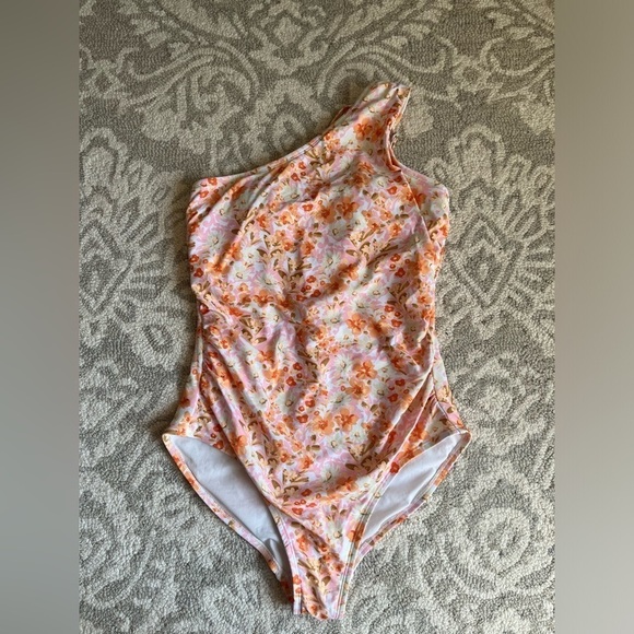 Kona Sol One Piece Swimsuit Floral Pink Orange Lightly Padded Ruched Size L - Picture 2 of 8